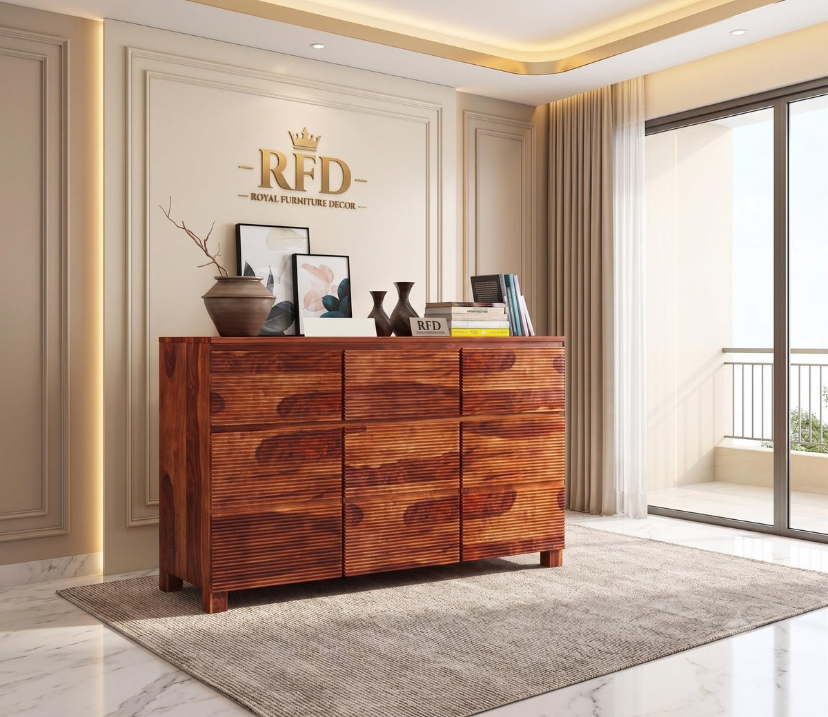 Royal Furniture Decor Solid Premium Sheesham Wood Wooden Sideboard Storage Cabinet and Chest of Drawers with 3 Drawers and 6-Shelf Storage (Roger,Honey)