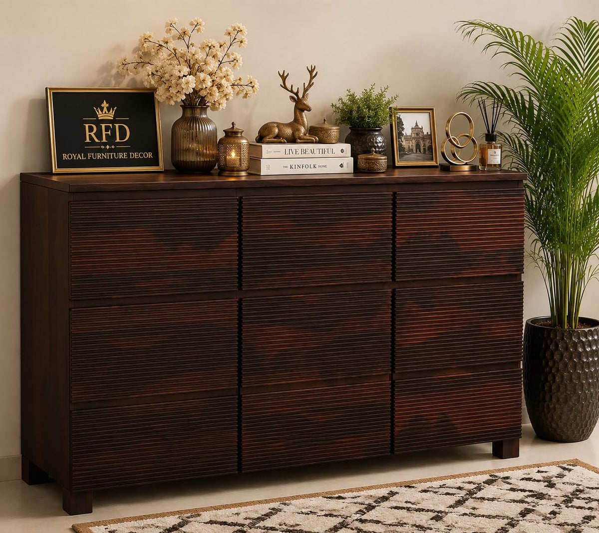 Royal Furniture Decor Solid Premium Sheesham Wood Wooden Sideboard Storage Cabinet and Chest of Drawers with 3 Drawers and 6-Shelf Storage (Roger,Walnut)