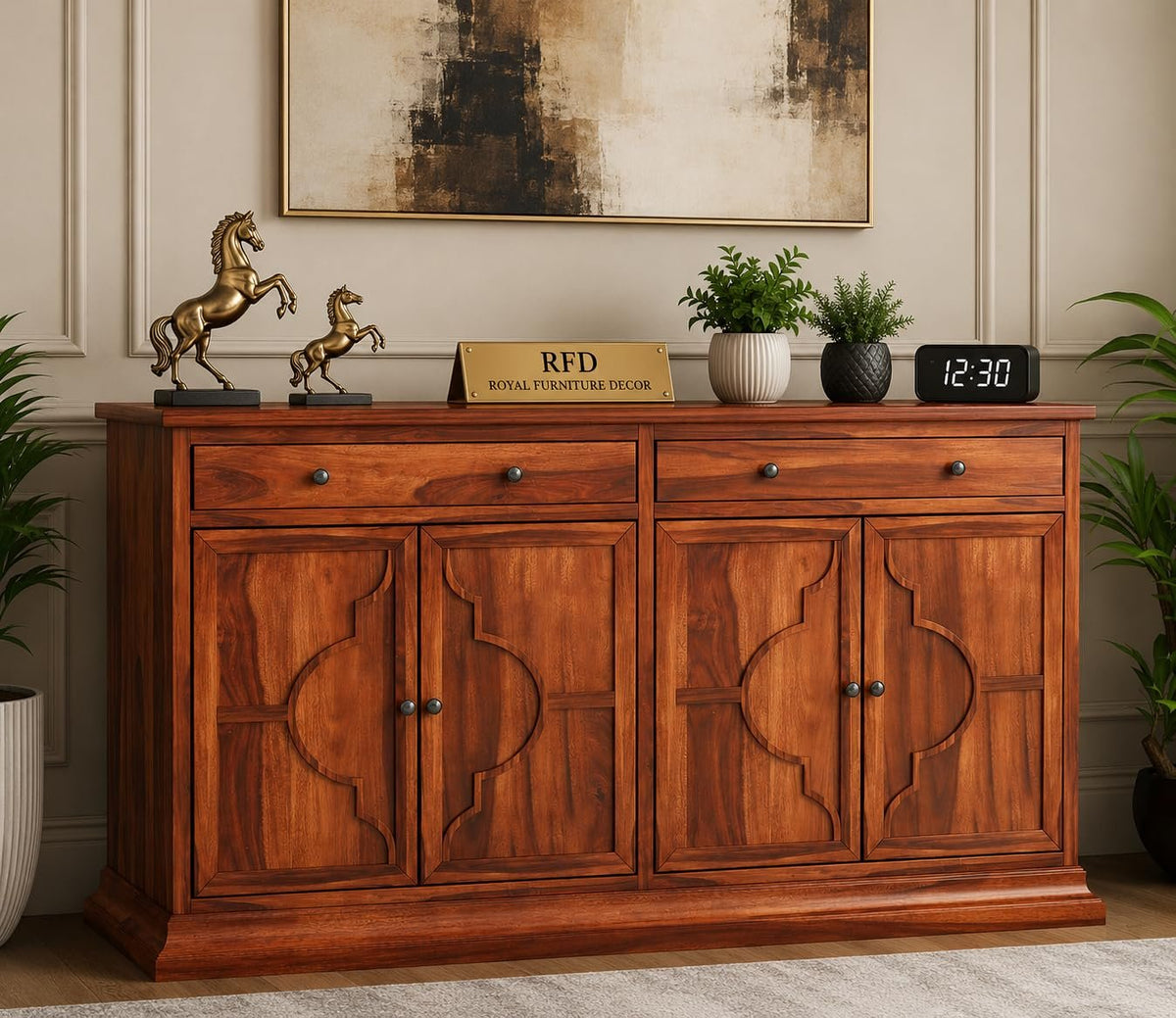 Royal Furniture Decor Solid Sheesham Wood Sideboard TV Cabinet - Elegant Free-Standing Movable Chest of Drawers with 2 Drawers & 4 Shelf storag for Stylish Living Room (Colton,Honey)