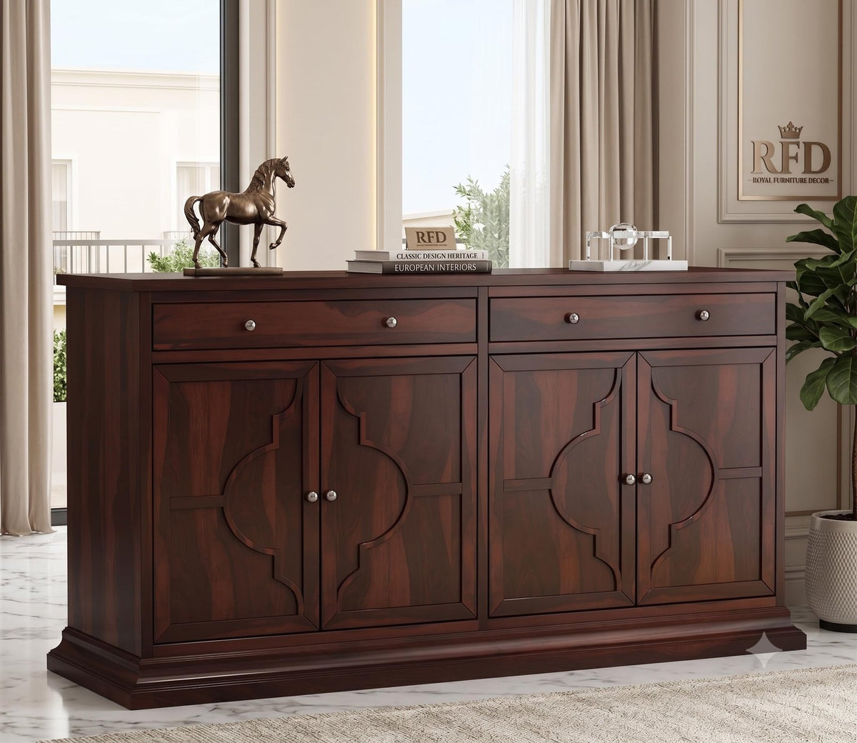Royal Furniture Decor Solid Sheesham Wood Sideboard TV Cabinet - Elegant Free-Standing Movable Chest of Drawers with 2 Drawers & 4 Shelf storag for Stylish Living Room (Colton,Walnut)