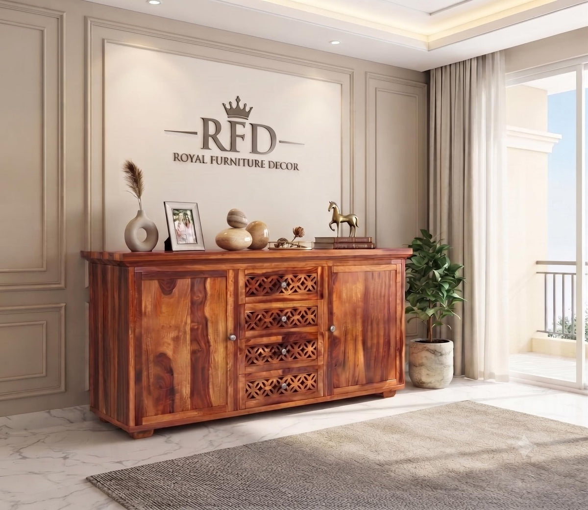 Royal Furniture Decor Solid Sheesham Wood Wooden Sideboard Storage Cabinet & Chest of Drawer : Ideal for Living Room and Bedroom with 4 Drawers and 4-Shelf Storage (Cambrey,Honey)