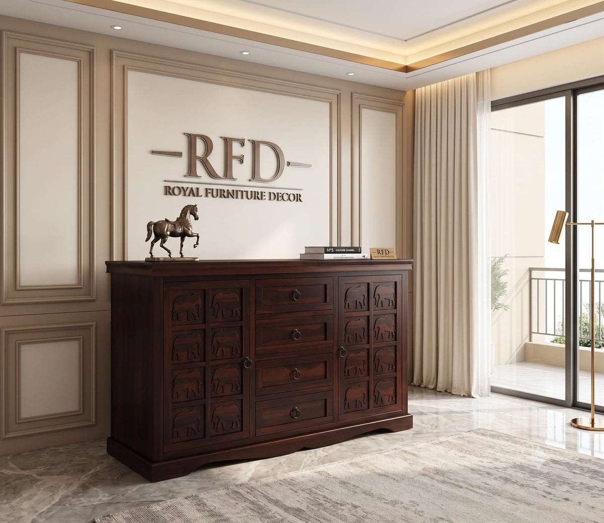 Royal Furniture Decor Solid Sheesham Wood Wooden Sideboard Cabinet with 4 Drawers and 2-Door Storage for Your Living Room, Bedroom Storage (Sean,Walnut)