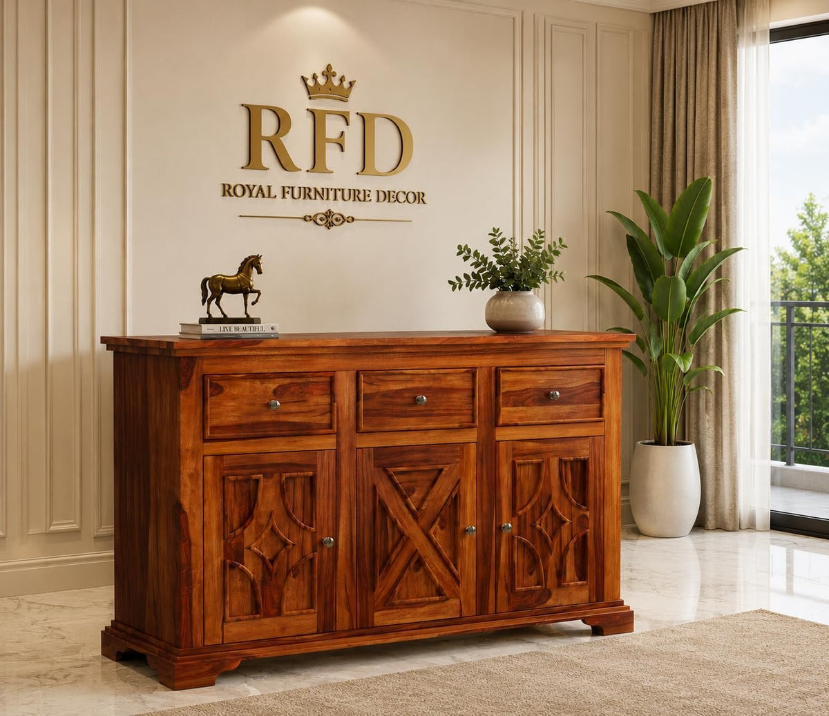 Royal Furniture Decor Solid Sheesham Wood Wooden Cabinet Sideboard with 3 Drawers and 3-Door Storage for Your Living Room, Bedroom (Jordan,Honey)