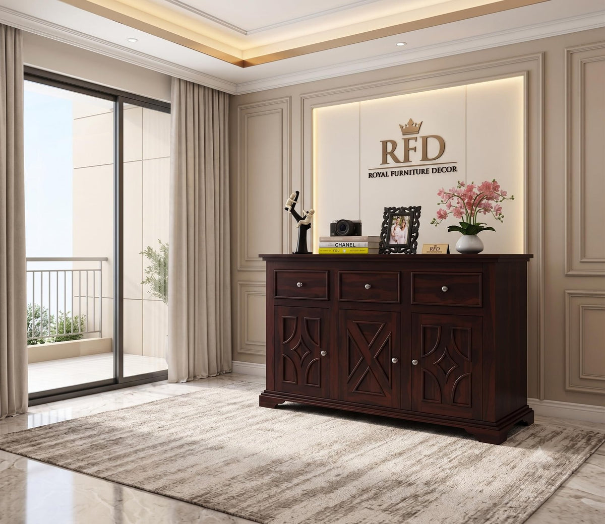 Royal Furniture Decor Solid Sheesham Wood Wooden Cabinet Sideboard with 3 Drawers and 3-Door Storage for Your Living Room, Bedroom (Jordan,Walnut)