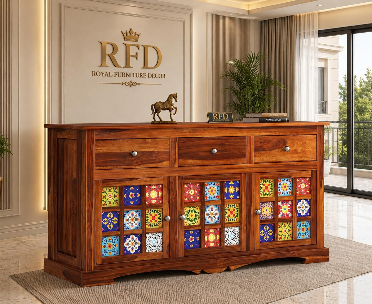 Royal Furniture Decor Solid Sheesham Wood Wooden Cabinet Sideboard with 6 Shelves and 3-Door Storage (Boho,Honey)