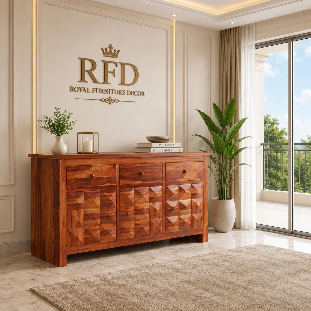Royal Furniture Decor Solid Sheesham Wood Wooden Sideboard Storage Cabinet & Chest of Drawer : Ideal for Living Room and Bedroom with 3 Drawers and 3-Shelf Storage (Morse,Honey)