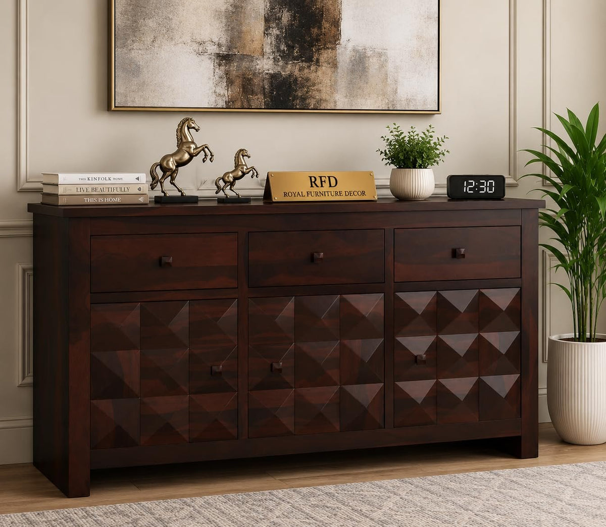 Royal Furniture Decor Solid Sheesham Wood Wooden Sideboard Storage Cabinet & Chest of Drawer : Ideal for Living Room and Bedroom with 3 Drawers and 3-Shelf Storage (Morse,Walnut)