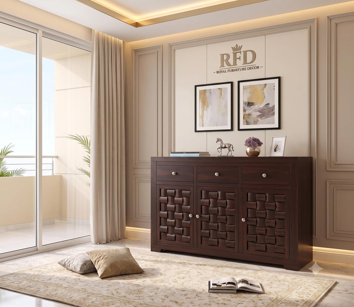Royal Furniture Decor Solid Sheesham Wood Wooden Chest of Drawers with 3 Drawer and 3 Door Storage | Multipurpose Storage Cabinet Rack for Bedroom Home Living Room (Howler,Walnut)