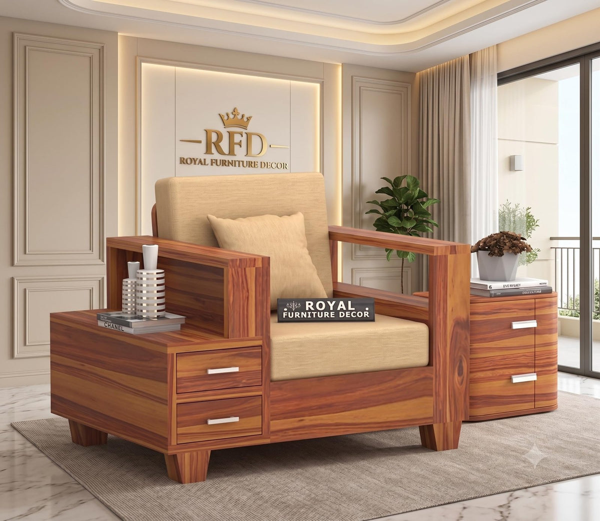 RFD - Royal Furniture Decor Sheesham Wooden 1 Seater Sofa Set, Honey