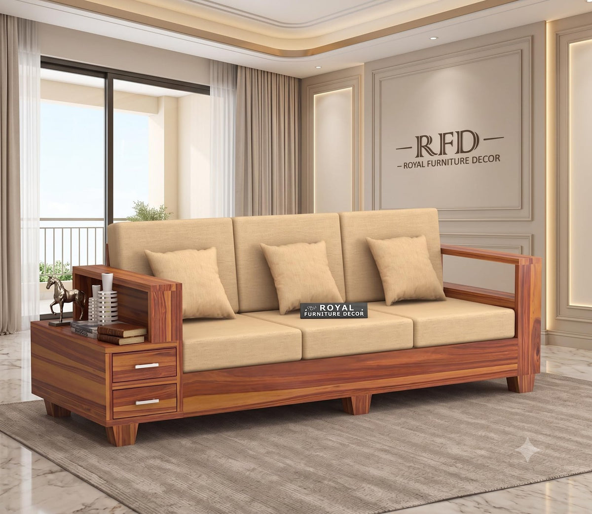 RFD - Royal Furniture Decor Sheesham Wooden 3 Seater Sofa for Living Room | Solid Wood Sofa with Side Box Storage & Cushion | Rosewood Sofa Set for Home & Office | Lounge | Honey Finish