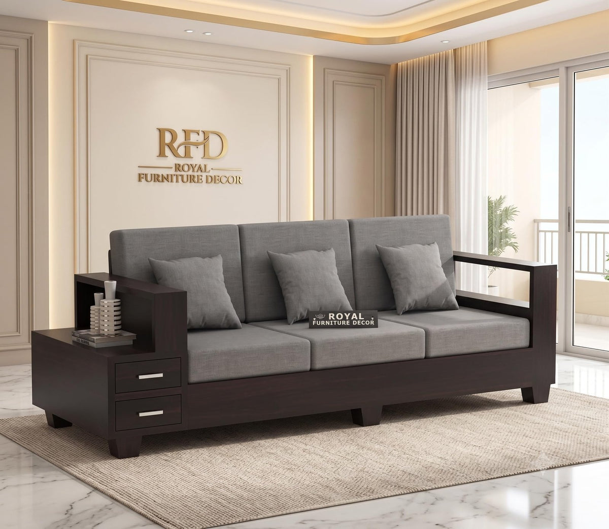 Royal Furniture Decor Sheesham Wooden 3 Seater Sofa, Walnut