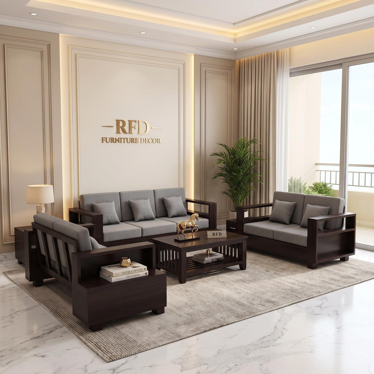 Royal Furniture Decor Sheesham Wooden 7 Seater Sofa Set for Living Room | Solid Wood Sofa with Side Box Storage & Cushion | Rosewood | Walnut Finish