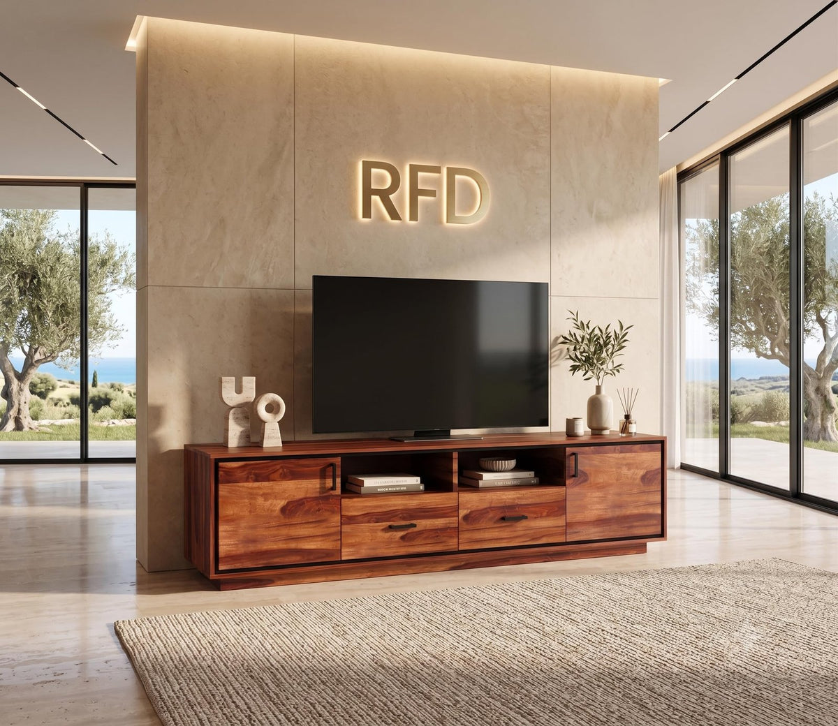 RFD - Royal Furniture Decor Premium Sheesham Wood TV Unit for Bedroom with 2 Drawers, 2 Shelves, and 2-Door Storage | Accommodates up to 65-Inch TV | 67L x 16W x 18H Inch | Honey Color