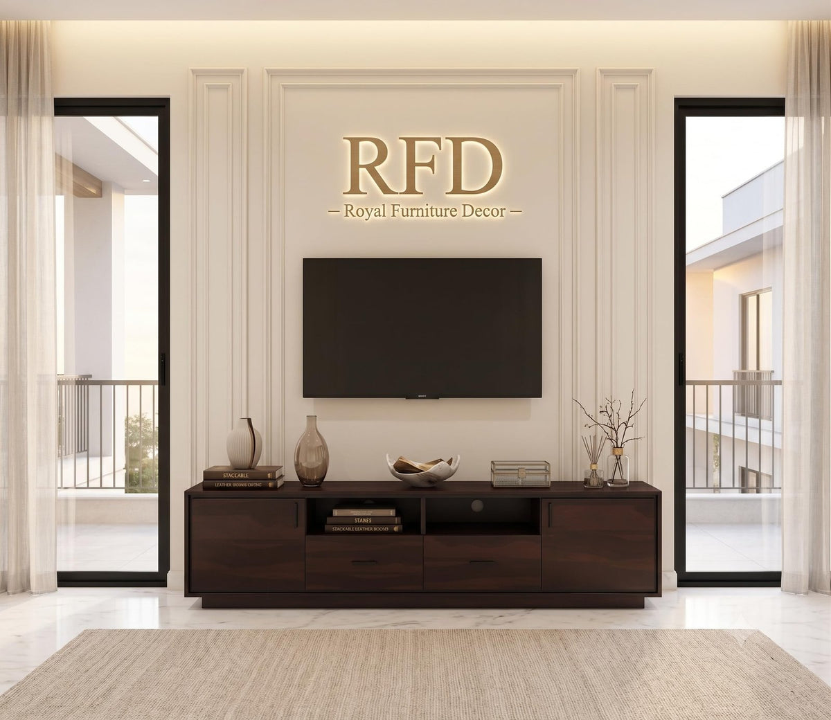 RFD - Royal Furniture Decor Premium Sheesham Wood TV Unit for Bedroom with 2 Drawers, 2 Shelves, and 2-Door Storage | Accommodates up to 65-Inch TV | Medora, Walnut | 67 L x 16 W x 18 H Inch