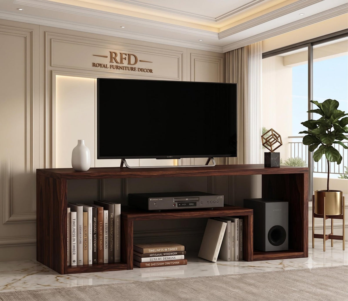 RFD - Royal Furniture Decor Solid Sheesham Wood TV Unit, Morgen, Walnut