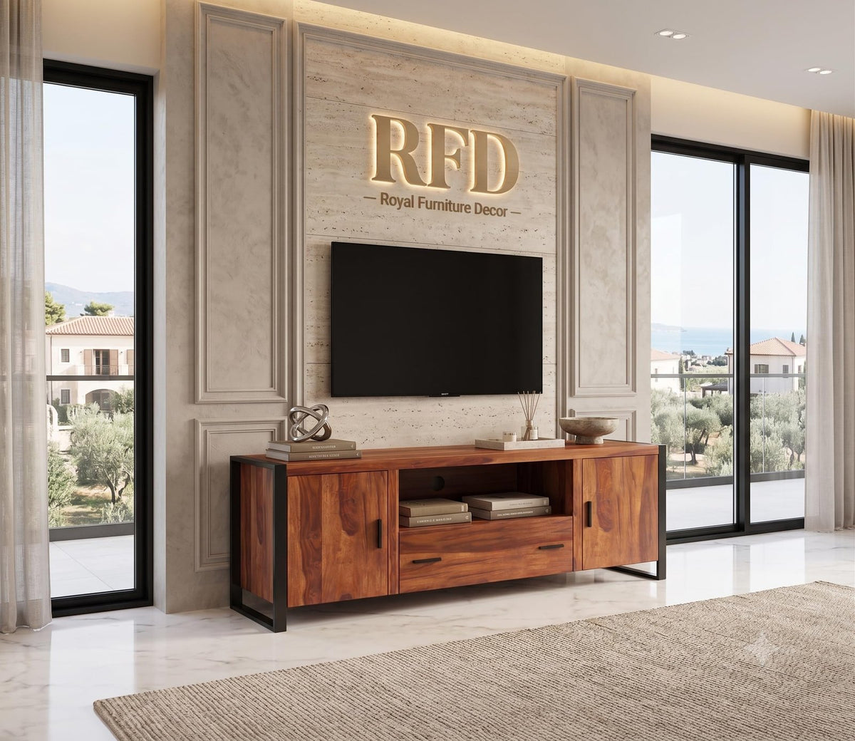 RFD - Royal Furniture Decor Solid Sheesham Wooden TV Unit for Bedroom with 1 Drawer, 5 Shelves, and 2-Door Storage - Accommodates up to 55-Inch TV (Murphy, Honey)
