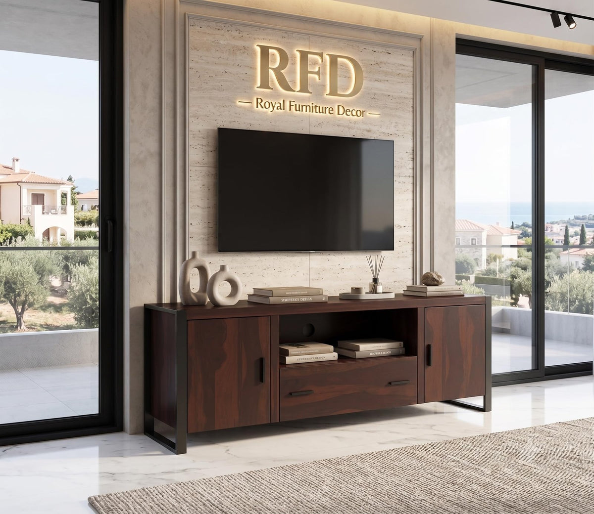 RFD - Royal Furniture Decor Solid Sheesham Wooden TV Unit for Bedroom with 1 Drawer, 5 Shelves, and 2-Door Storage - Accommodates up to 55-Inch TV (Murphy, Walnut)