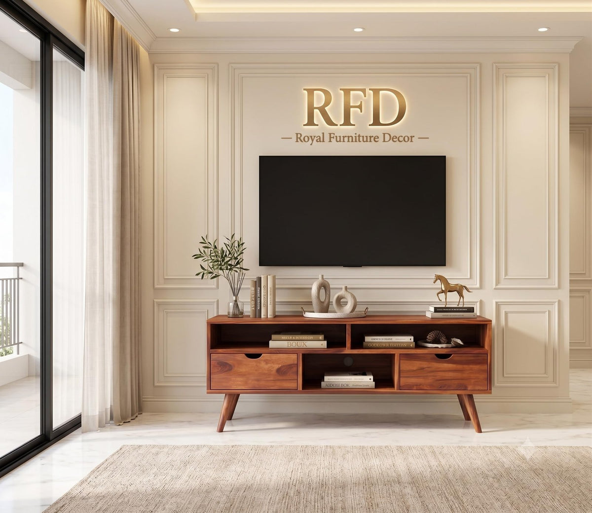 RFD - Royal Furniture Decor Solid Sheesham Wooden TV Unit for Living Room - 2 Drawers, 2 Shelves, and 2-Door Storage - Fits up to 50-Inch TV for Home Decor (Lyton, Honey) - 49L x 16W x 22H Inch