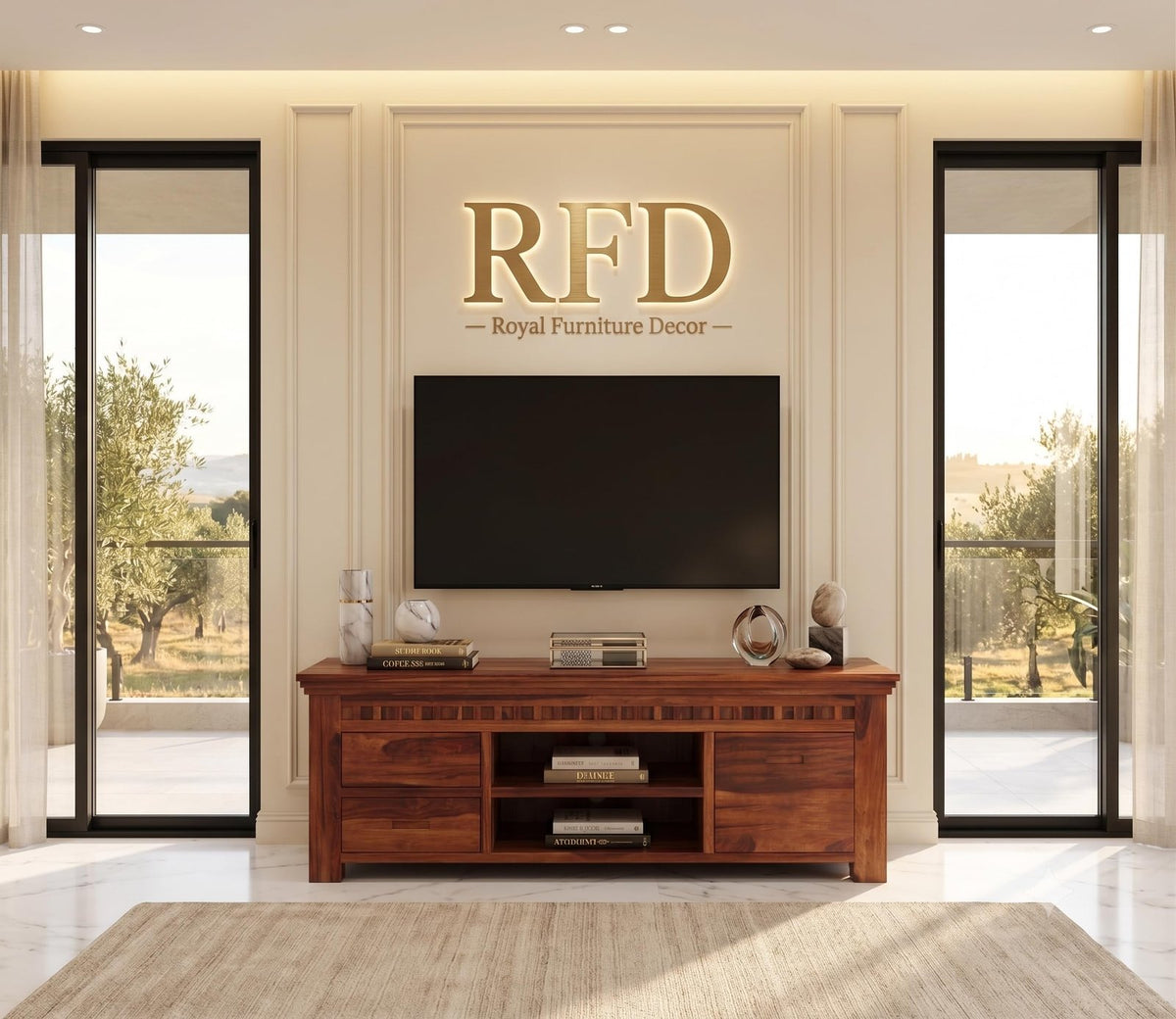 RFD - Royal Furniture Decor Solid Sheesham Wooden TV Unit for Living Room: 2 Drawers, 2 Shelves, and 1-Door Storage - Accommodates up to 50-Inch TV (Adolph, Honey)
