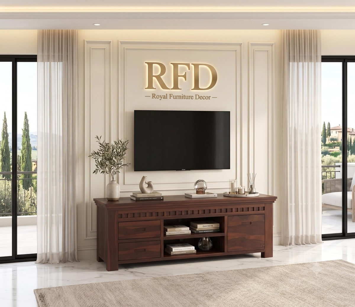 RFD - Royal Furniture Decor Solid Sheesham Wooden TV Unit, Walnut