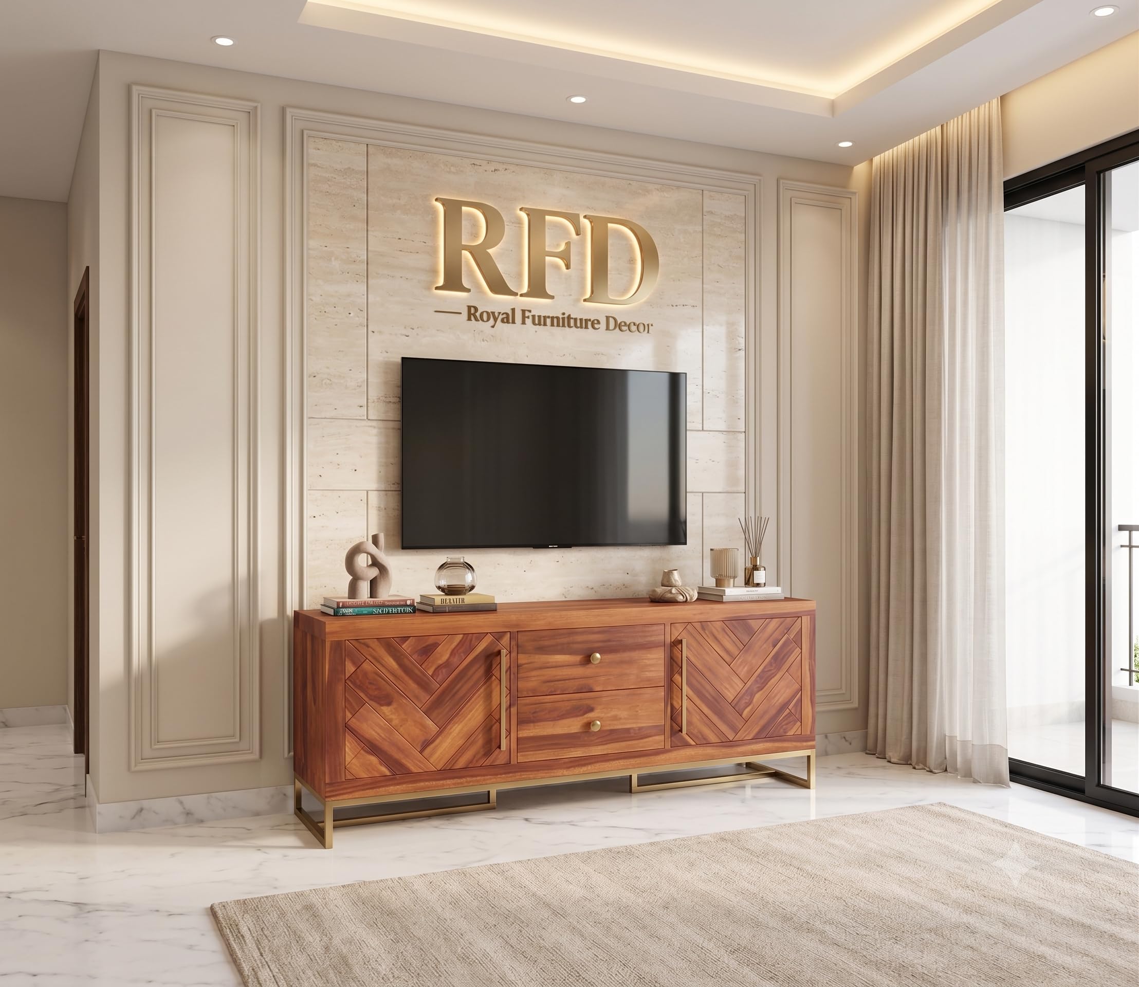 RFD - Royal Furniture Decor Solid Sheesham Wood TV Unit | Jett | Honey | 55-Inch