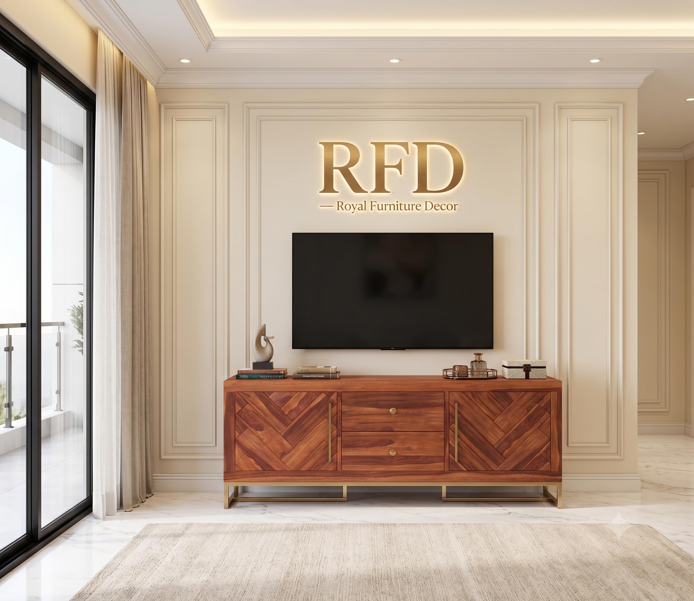 RFD - Royal Furniture Decor Solid Sheesham Wood TV Unit | Jett | Honey | 55-Inch