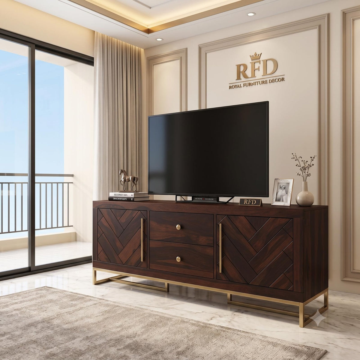 RFD - Royal Furniture Decor Solid Sheesham Wood TV Unit, Jett, Walnut