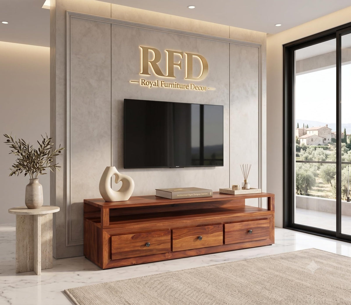 RFD - Royal Furniture Decor Sheesham Wood TV Unit, Glide, Honey