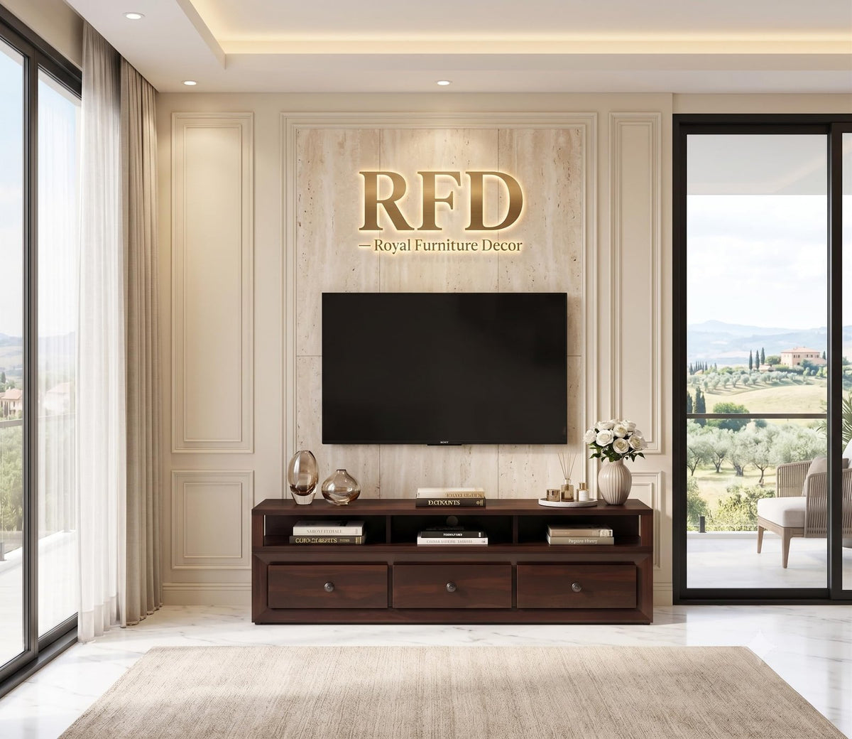 RFD - Royal Furniture Decor Sheesham Wood TV Unit with 3 Drawers and 1 Shelf Storage - Accommodates up to 55-Inch TVs - Perfect for Elegant Living Room D�cor (Glide,Walnut)
