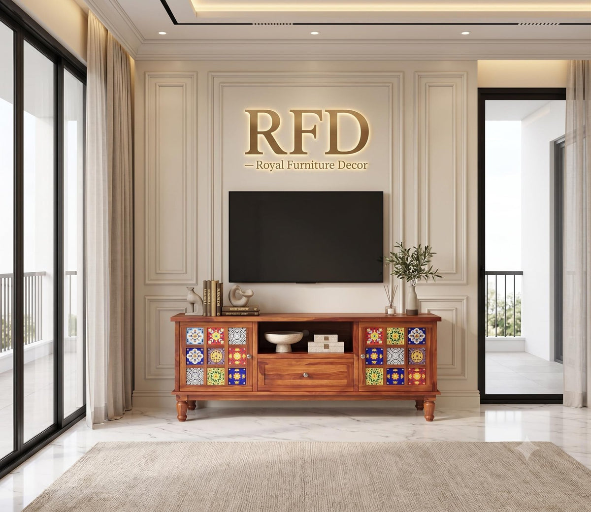 RFD - Royal Furniture Decor Solid Sheesham Wood TV Unit with 2 Drawers, 4 Shelves, and 2-Door Storage - Accommodates up to 55-Inch TV for Living Room and Bedroom (Boho, Honey, 58L x 16W x 24H Inch)