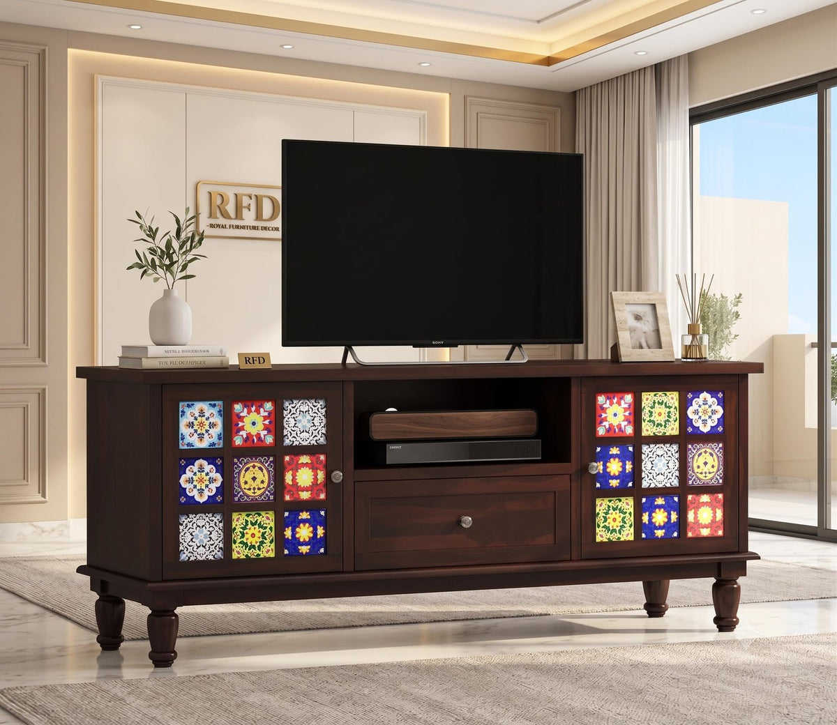 RFD - Royal Furniture Decor Solid Sheesham Wood TV Unit for Bedroom with 2 Drawers, 4 Shelves, and 2-Door Storage - Wooden TV Unit for Living Room Accommodates up to 55-Inch TV (Boho,Walnut)