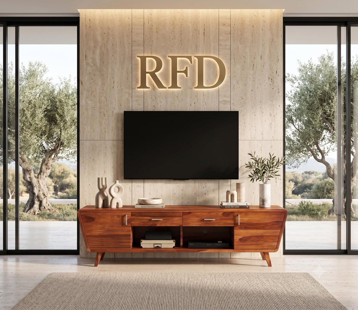 RFD - Royal Furniture Decor Sheesham Wood TV Unit with 2 Drawers, 2 Shelves, and 2-Door Storage for Living Room | Fits up to 60-inch TV | Melvina, Honey Finish