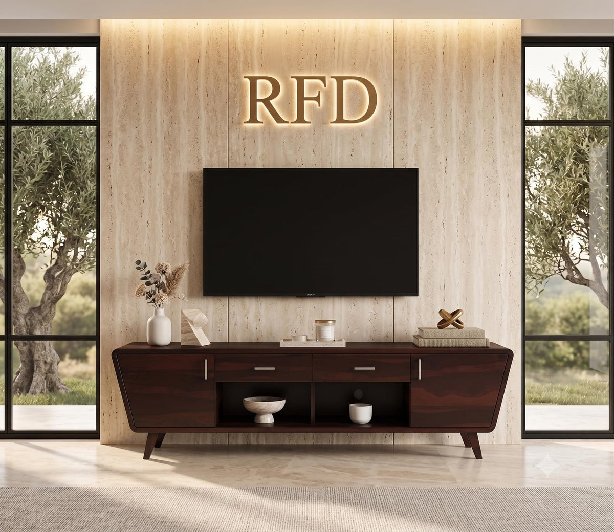 RFD - Royal Furniture Decor Sheesham Wood TV Unit with 2 Drawers, 2 Shelves, and 2-Door Storage - Wooden TV Unit for Living Room | Fits up to 60-inch TV - Solid Living Room Furniture (Melvina,Walnut)