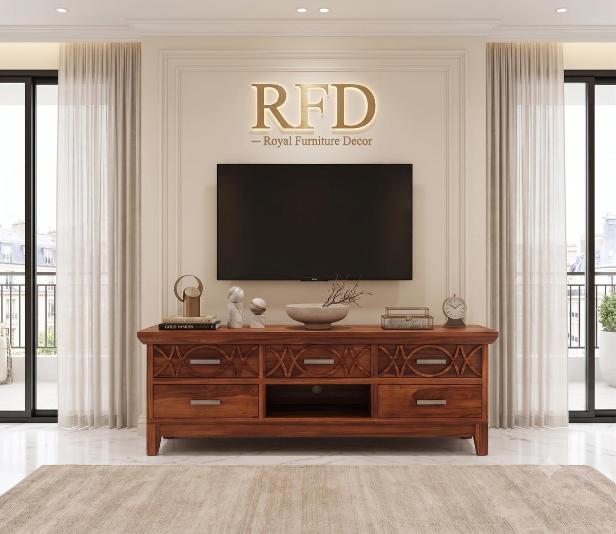 RFD - Royal Furniture Decor Solid Sheesham Wood TV Unit for Bedroom with 5 Drawers and 1 Shelf - Stylish Storage Solution - Accommodates up to 65-inch TV (Allan, Honey)