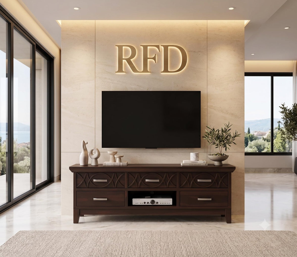 RFD - Royal Furniture Decor Solid Sheesham Wood TV Unit for Bedroom with 5 Drawers and 1 Shelf - Stylish Storage Solution - Accommodates up to 65-inch TV (Allan, Walnut)