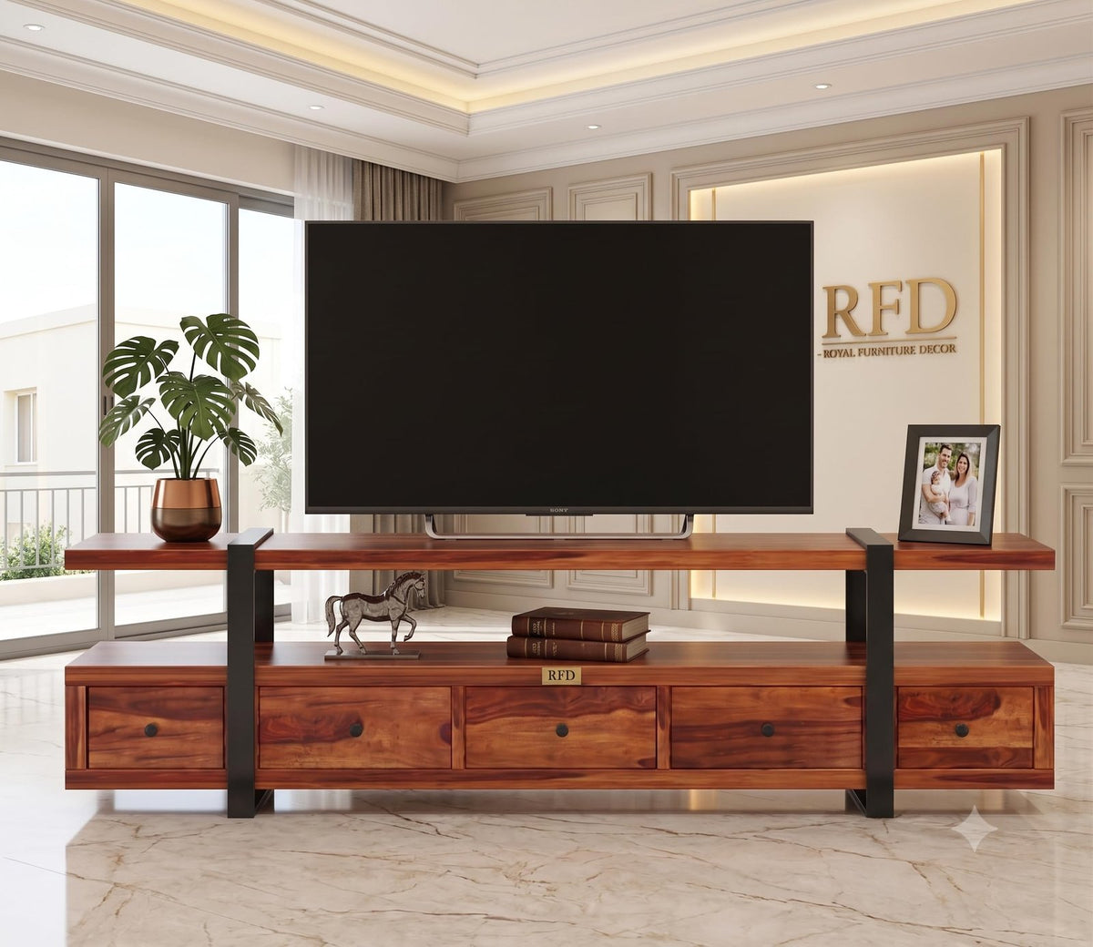 RFD - Royal Furniture Decor Rustic Sheesham Wood & Metal TV Unit with 5 Drawers, 1 Shelf, and Storage for up to 70-inch TV - Perfect for Your Living Room (Solari, Honey) - Cabinet