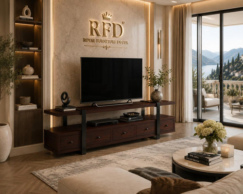 RFD - Royal Furniture Decor Rustic Sheesham Wood & Metal TV Unit, Walnut
