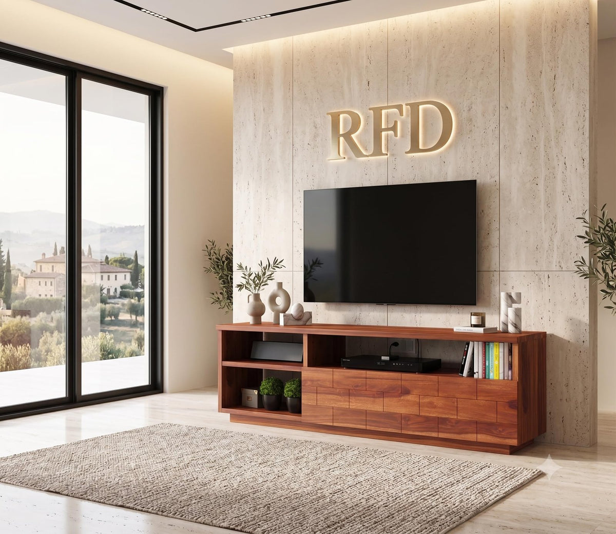 RFD - Royal Furniture Decor Solid Sheesham Wood TV Unit for Living Room with 3 Shelves and 1 Drawer Storage - Accommodates up to 55 Inch TV (Natalia, Honey) - 56L x 18W x 21H Inch