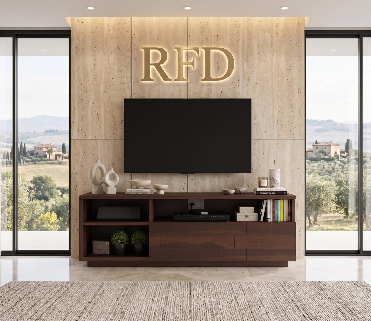 RFD - Royal Furniture Decor Solid Sheesham Wood TV Unit for Living Room with 3 Shelves and 1 Drawer Storage - Accommodates up to 55 Inch TV (Natalia, Walnut)