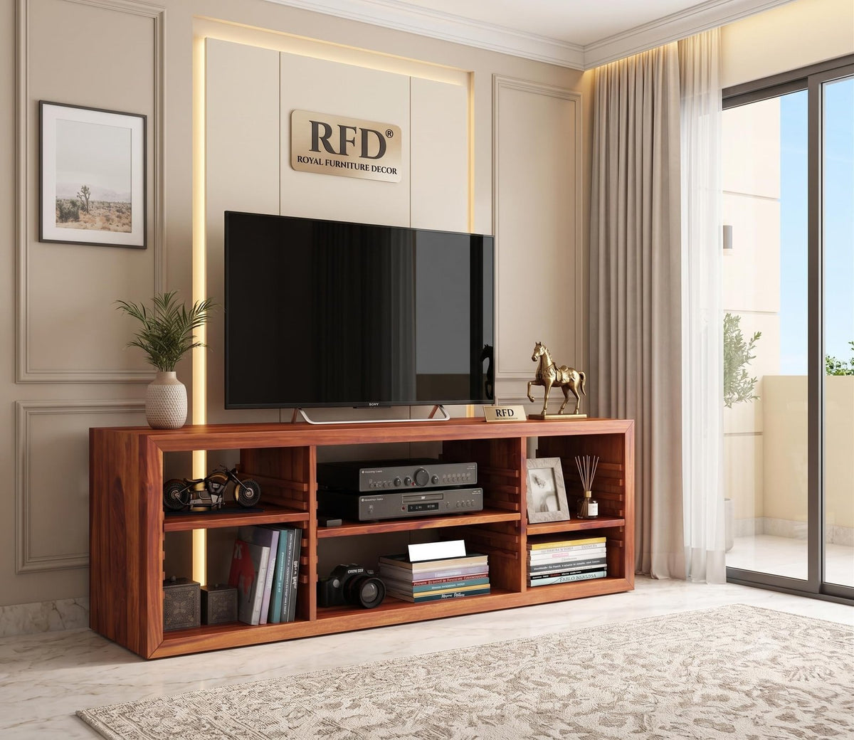 RFD - Royal Furniture Decor Solid Sheesham Wood TV Unit, Chappel, Honey
