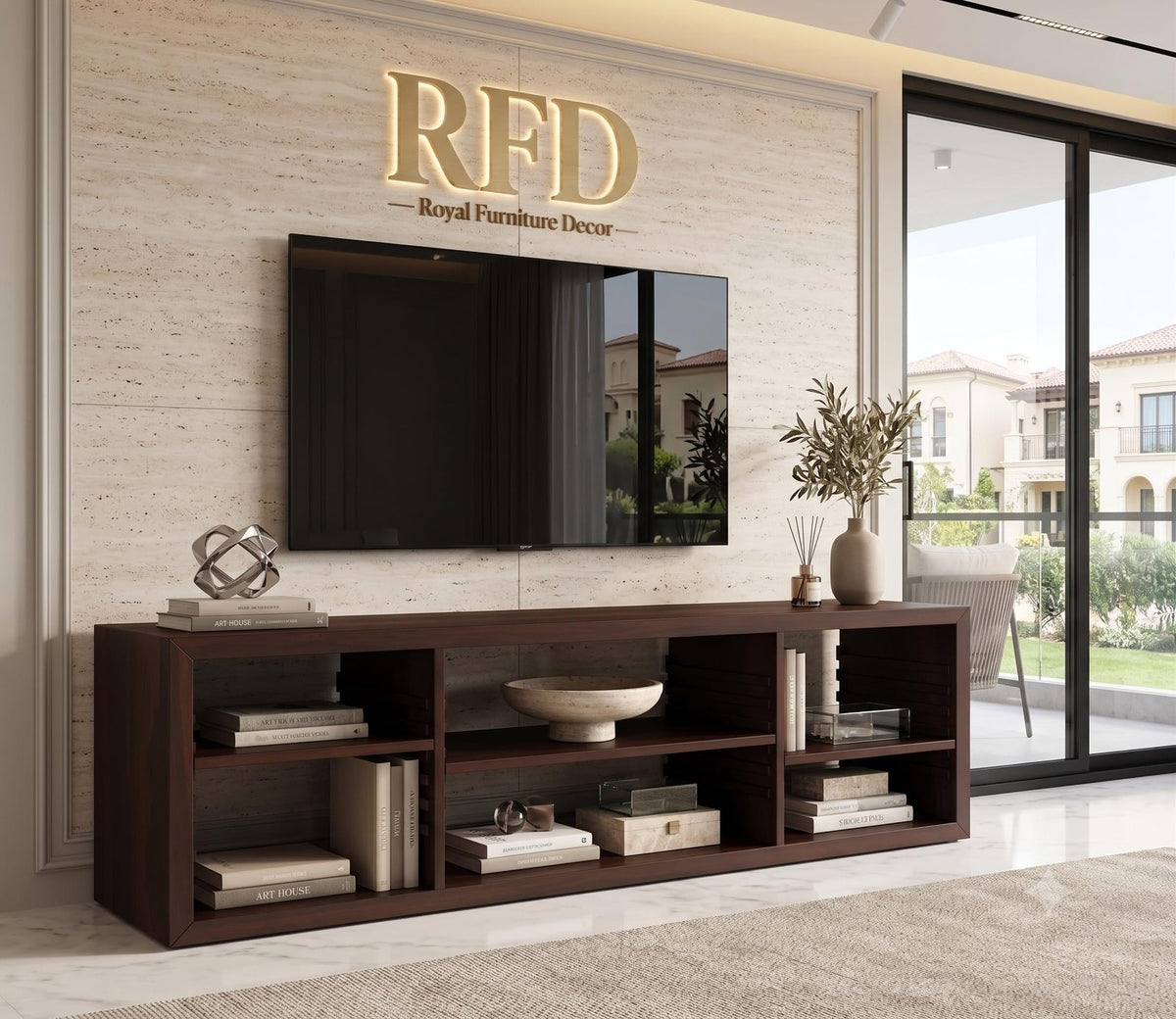 RFD - Royal Furniture Decor Solid Sheesham Wood TV Unit for Bedroom with 6 Adjustable Shelves - Stylish Storage Solution | Wooden TV Unit for Living Room Accommodates up to 60-inch TV (Chappel,Walnut)
