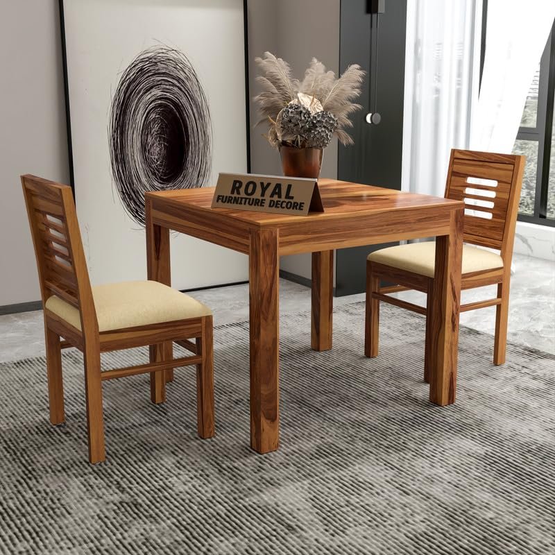 Royal Furniture Decor Solid Sheesham Wood 2 Seater Dining Table Set with Cushioned Chairs for Dining Room | Living Room | Home & Office | Hotels Restaurant & Cafe (2 Seater, Honey Finish B)
