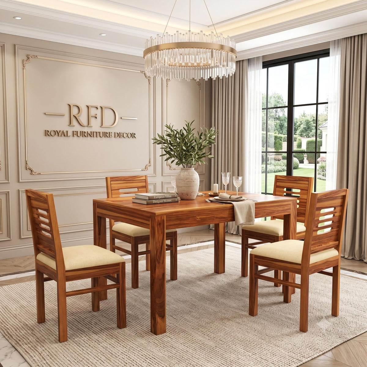 Royal Furniture Decor Solid Sheesham Wood 4 Seater Dining Table Set with Cushioned Chairs for Dining Room | Living Room | Home & Office | Hotels Restaurant & Cafe (4 Seater, Honey Finish B)