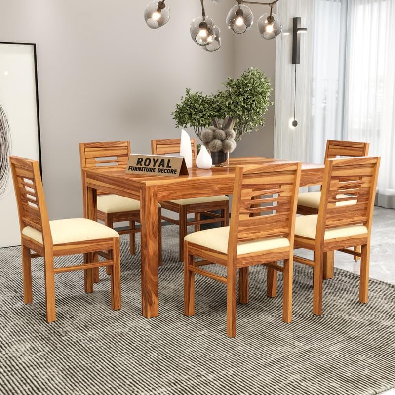 Royal Furniture Decor Solid Sheesham Wood 6 Seater Dining Table Set with Cushioned Chairs for Dining Room | Living Room | Home & Office | Hotels Restaurant & Cafe (6 Seater, Honey Finish B)
