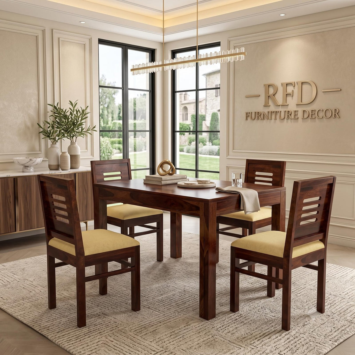 Royal Furniture Decor Solid Sheesham Wood 4 Seater Dining Table Set with Cushioned Chairs for Dining Room | Living Room | Home & Office | Hotels Restaurant & Cafe (4 Seater, Walnut Finish B)