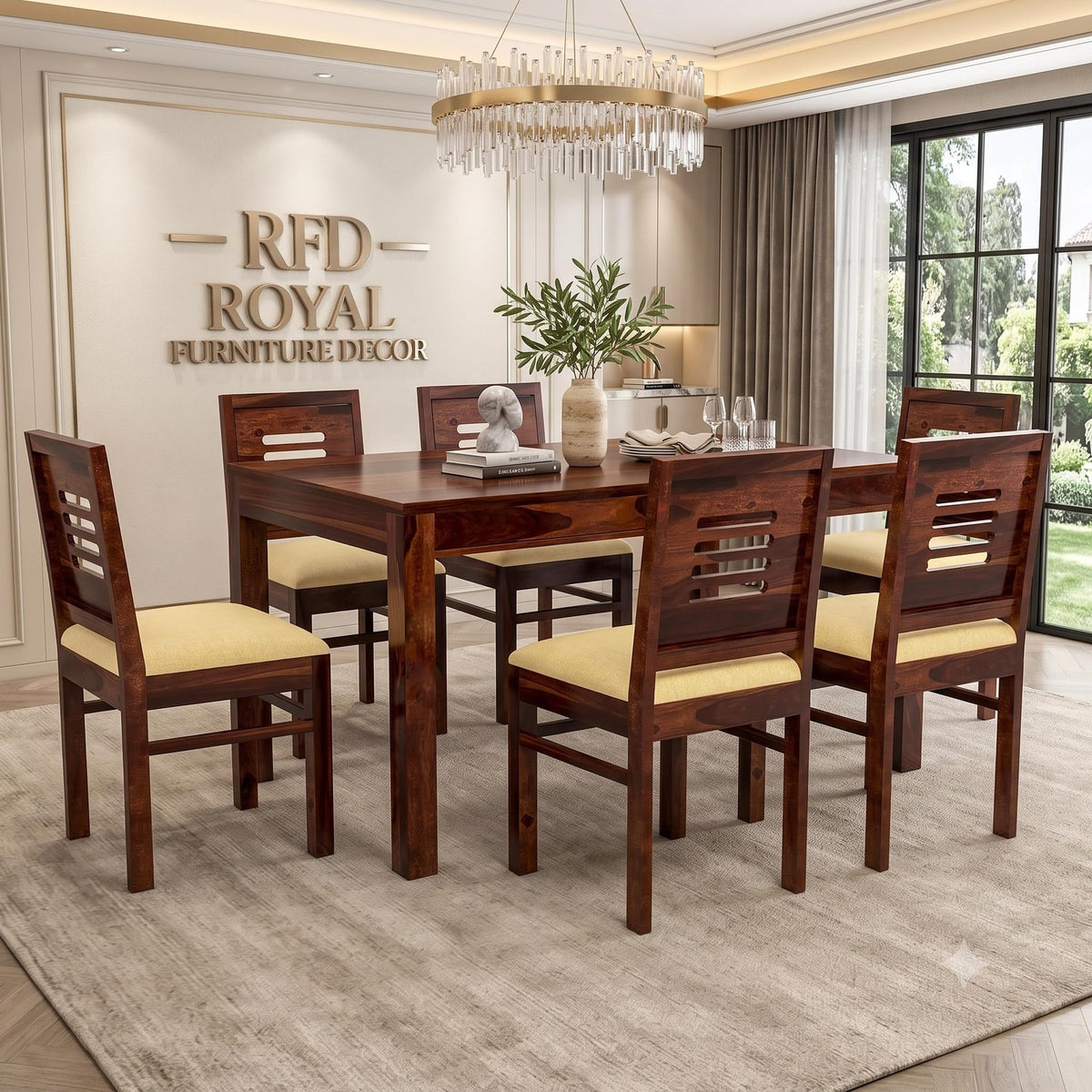 Royal Furniture Decor Solid Sheesham Wood 6 Seater Dining Table Set with Cushioned Chairs for Dining Room | Living Room | Home & Office | Hotels Restaurant & Cafe (6 Seater, Walnut Finish B)