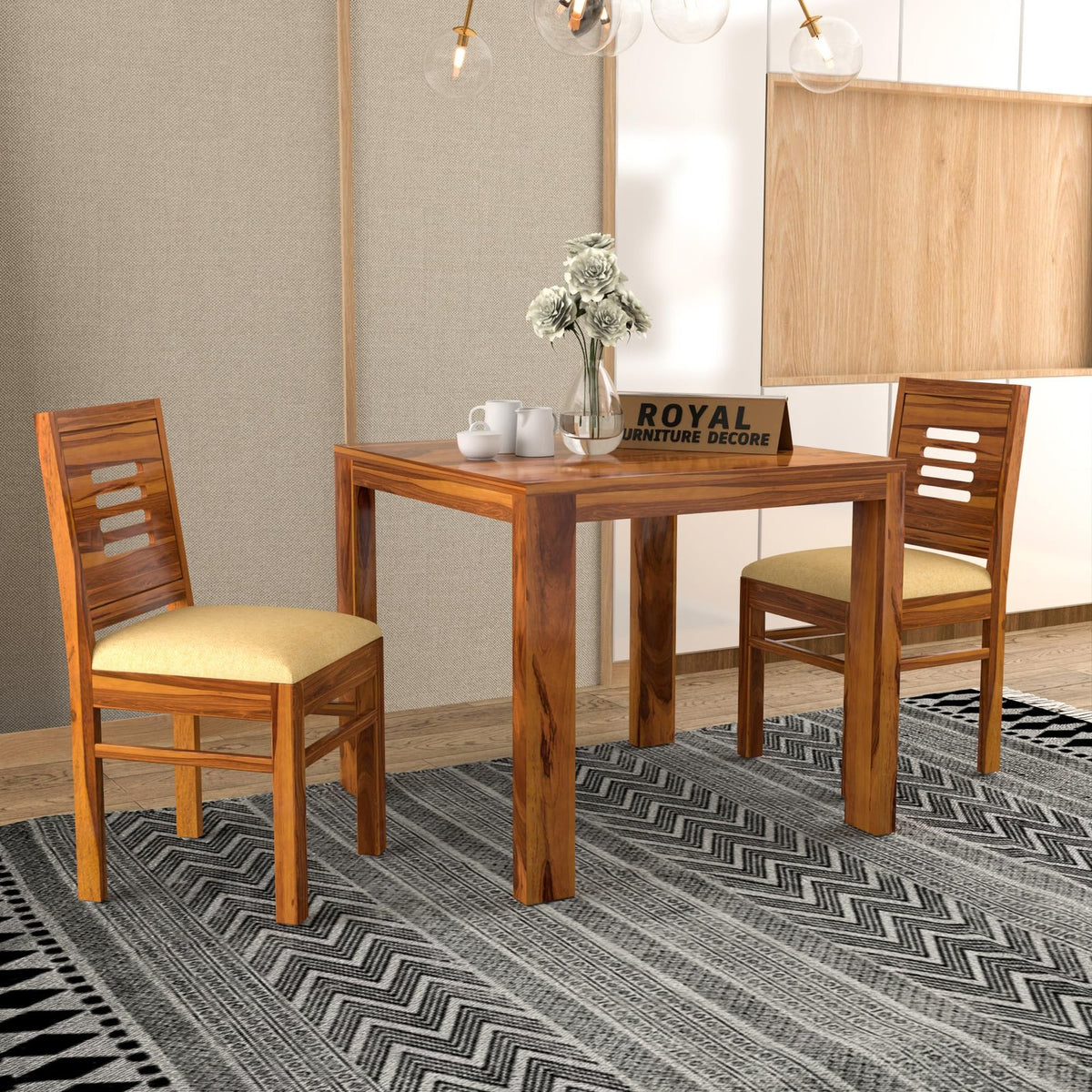 Royal Furniture Decor Solid Sheesham Wood 2 Seater Dining Table Set with Cushioned Chairs for Dining Room | Living Room | Home & Office | Hotels Restaurant & Cafe (2 Seater, Honey Finish D)