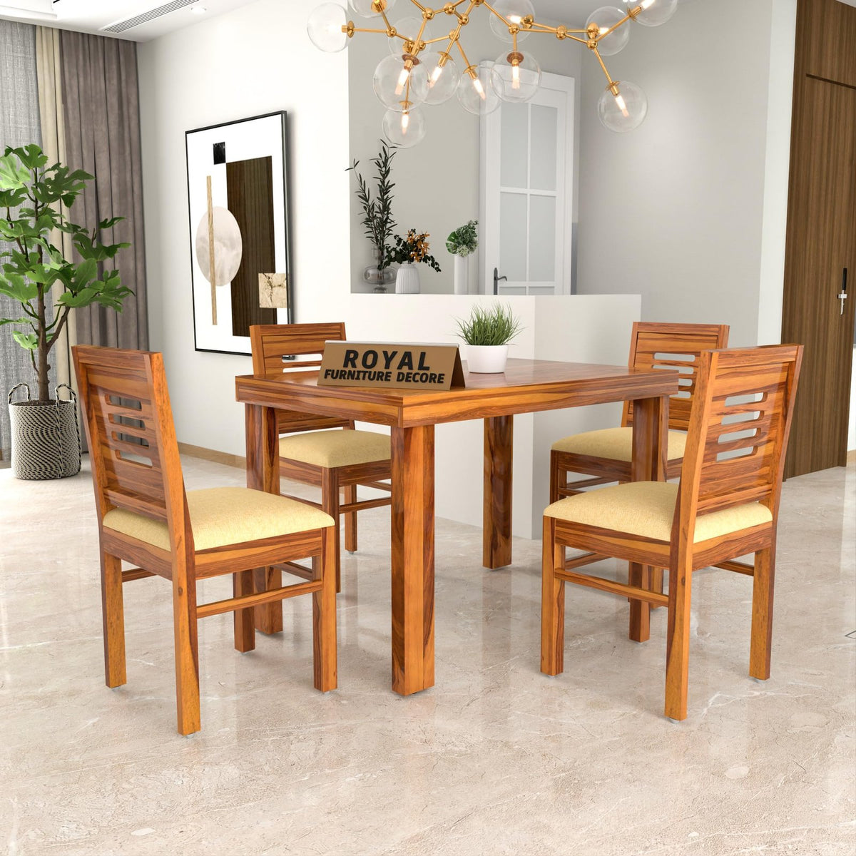 Royal Furniture Decor Solid Sheesham Wood 4 Seater Dining Table Set with Cushioned Chairs for Dining Room | Living Room | Home & Office | Hotels Restaurant & Cafe (4 Seater, Honey Finish D)
