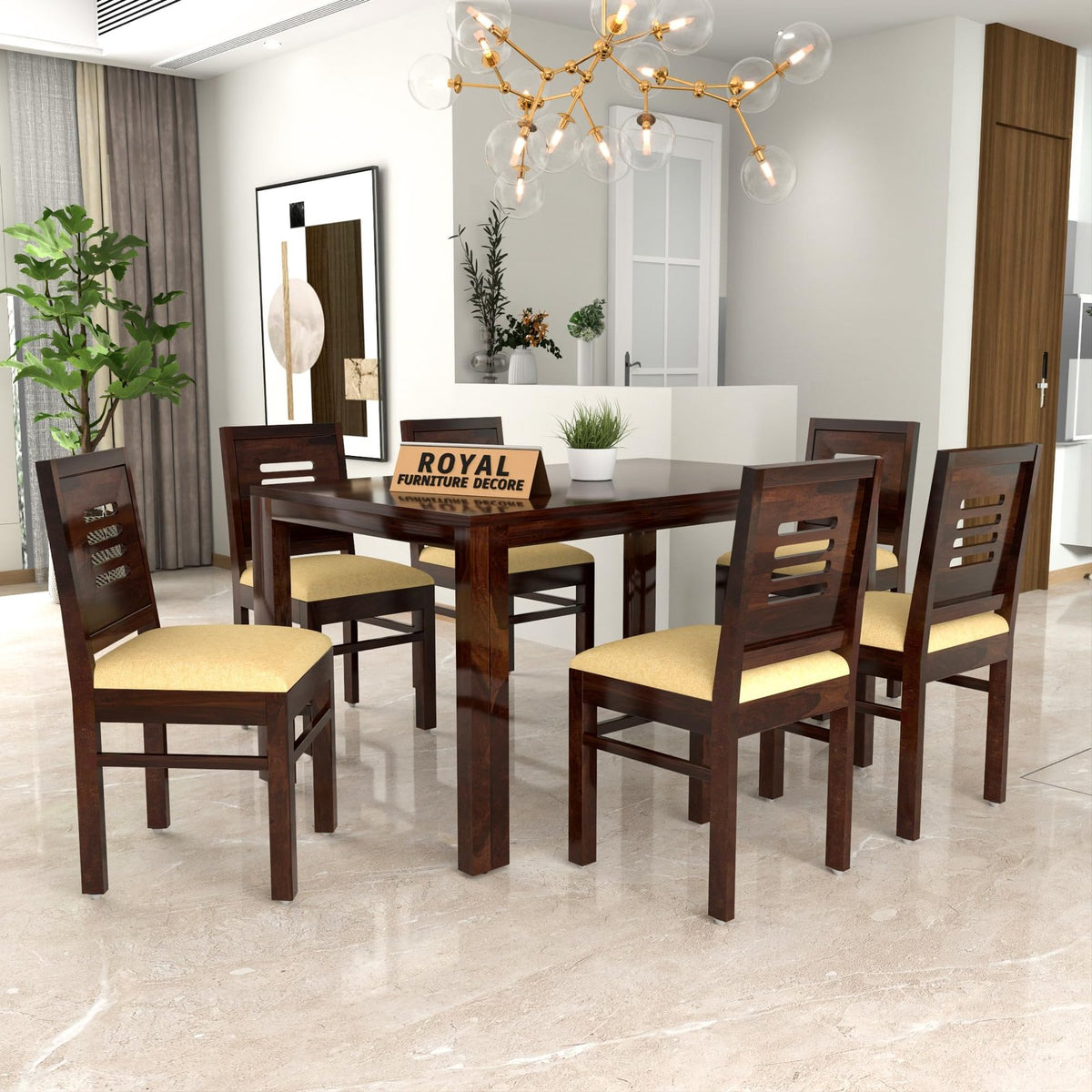 Royal Furniture Decor Solid Sheesham Wood 6 Seater Dining Table Set with Cushioned Chairs for Dining Room | Living Room | Home & Office | Hotels Restaurant & Cafe (6 Seater, Honey Finish D)