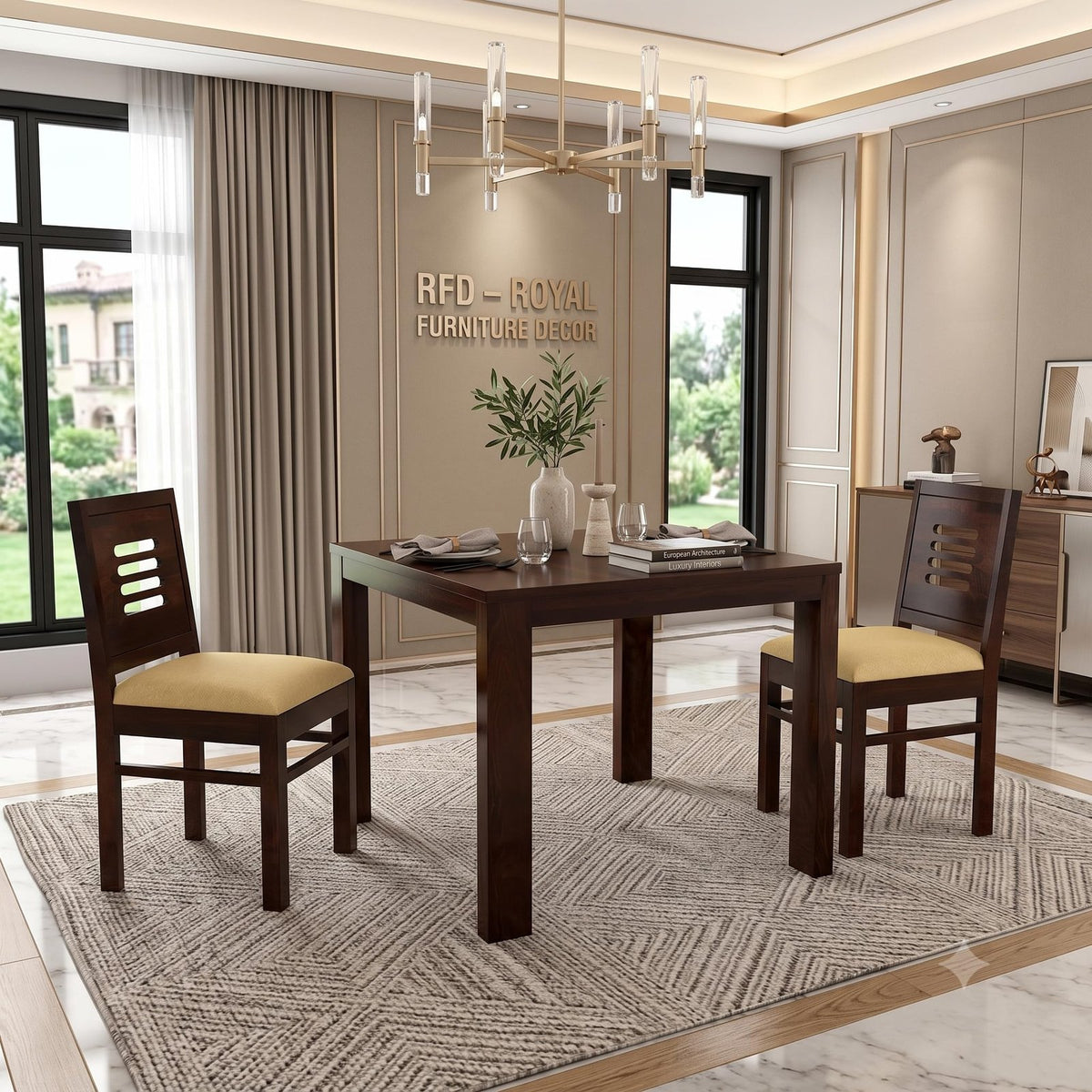 Royal Furniture Decor Solid Sheesham Wood 2 Seater Dining Table Set with Cushioned Chairs for Dining Room | Living Room | Home & Office | Hotels Restaurant & Cafe (2 Seater, Walnut Finish D)